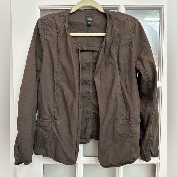 Eileen Fisher Brown Linen Open Front Jacket Size Medium M Minimalist Preppy - Picture 8 of 9